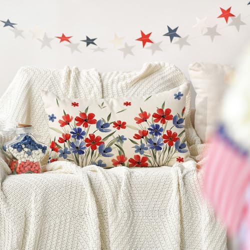 4th of July Flowers Throw Pillow Cover - 12x20 Inch Patriotic Decor