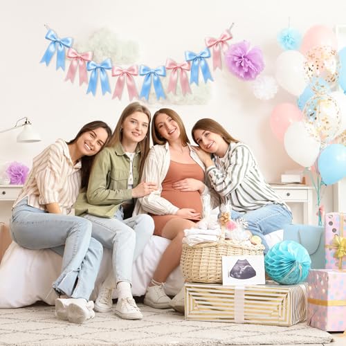 Baby Pink & Blue Bow Garland Banner - 16PCS Pre-Strung Decor