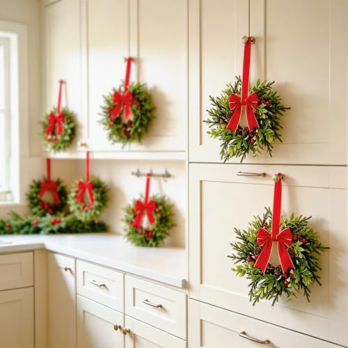 6 Pcs Christmas Wreath for Cabinets 14-Inch with Red Bows & Pine Cones - Holiday Decor
