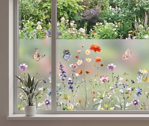 TAMHOO Butterfly Floral Frosted Window Privacy Film 78x17 Inches Removable Static Cling