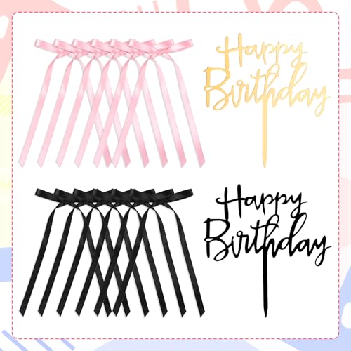 14-Piece Black and Pink Ribbon Bow Cake Toppers with Happy Birthday Sign