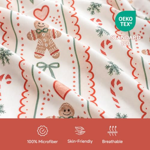 Christmas Duvet Cover Set Queen with Gingerbread Bows and Candy Cane Pattern - No Comforter