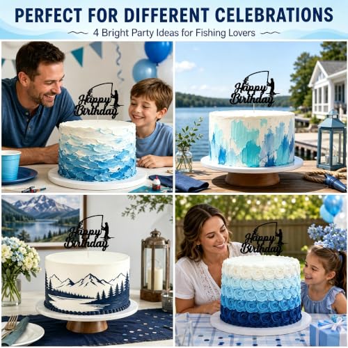 Fishing Happy Birthday Cake Topper - Glitter Fisherman Cake Decoration