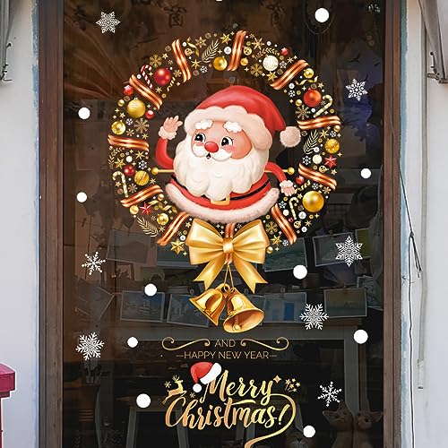 Merry Christmas Window Sticker Decals - Santa Claus & Snowflakes