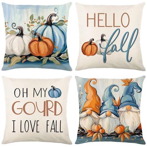 Fall Beach Gnome Pillow Covers 20x20 Inch Set of 4 - Pumpkin Decor