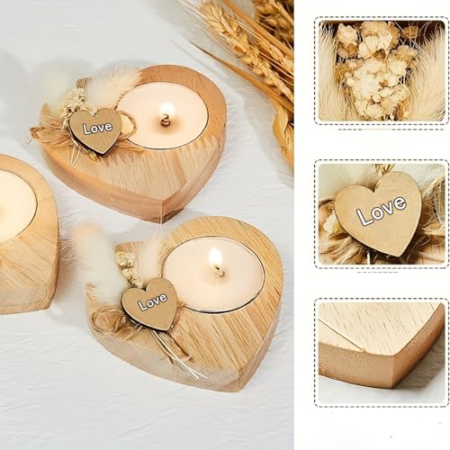 Handmade Heart-Shaped Wooden Candle Holder Set with White Feather
