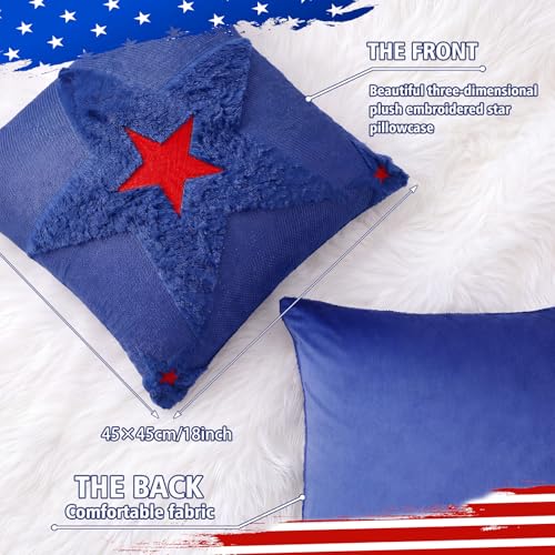 Patriotic Pillow Covers 18x18 Red White Blue Star Embroidered Set of 2