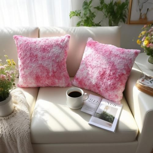 QIFONIX Rose Textured Faux Fur Throw Pillow Covers, Pink & White, 18x18