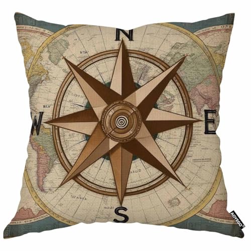 World Map Compass Throw Pillow Cover - 18x18 Inch Decorative Cushion for Home