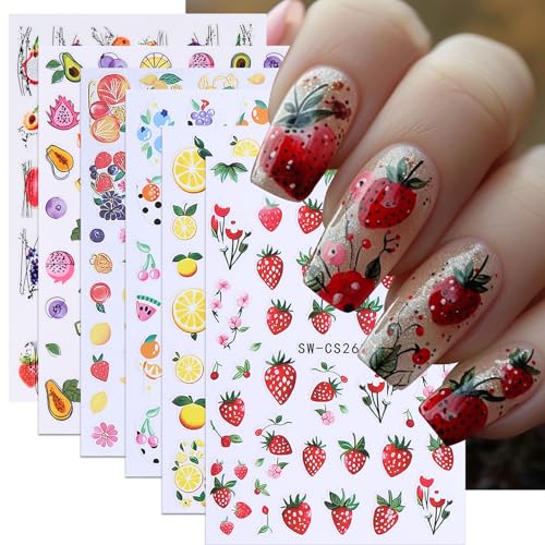 Summer Fruit Nail Stickers 10 Sheets 3D Adhesive Lemon Strawberry Decals