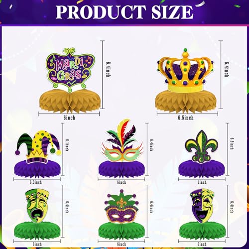 8-Piece Mardi Gras Party Decorations - Honeycomb Centerpieces
