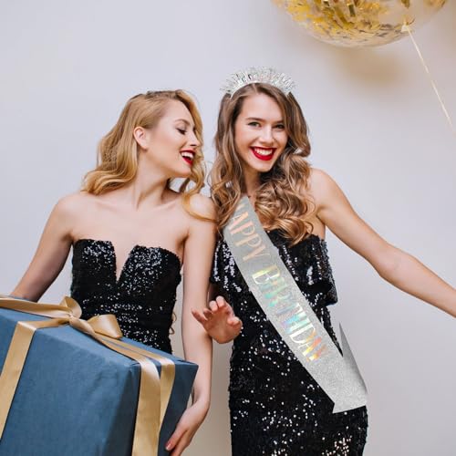Silver Birthday Headband and Sash Set for Women and Girls
