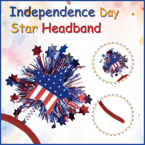 4th of July Patriotic Glitter Star Headband with Red White Blue Tassels