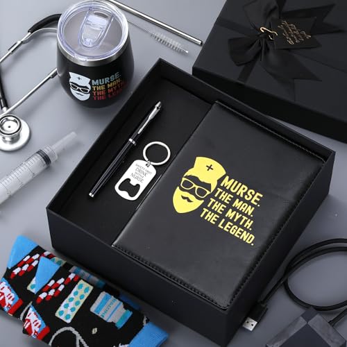 Nurse Appreciation Gifts for Men - Set with Tumbler, Socks, Keychain, Notebook - Variation of Nurse