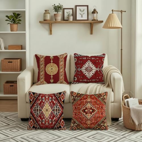 Set of 4 Red Kilim Throw Pillow Covers - 18x18 Inch Bohemian Decor