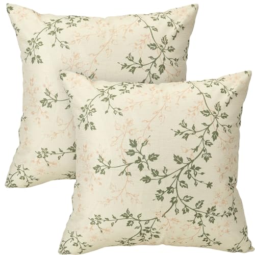 Vintage Floral Throw Pillow Covers 18x18 Inch - Green & Cream