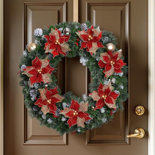 Artificial Poinsettia Flowers Set - 9 Inch Glitter Christmas Decorations, Red & Gold