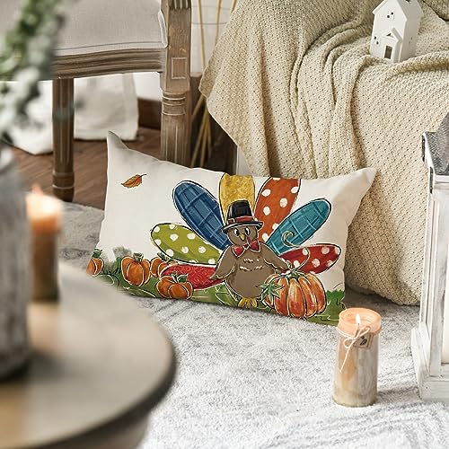 Thanksgiving Turkey Pumpkin Throw Pillow Cover, 12x20 Inch