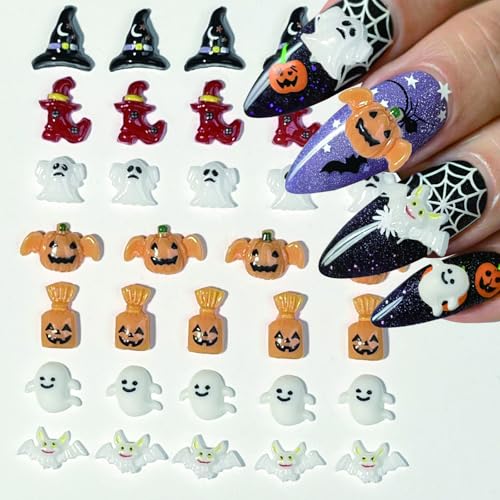 50Pcs Halloween Nail Charms Resin Flatback Pumpkin Ghost Bat Rhinestones