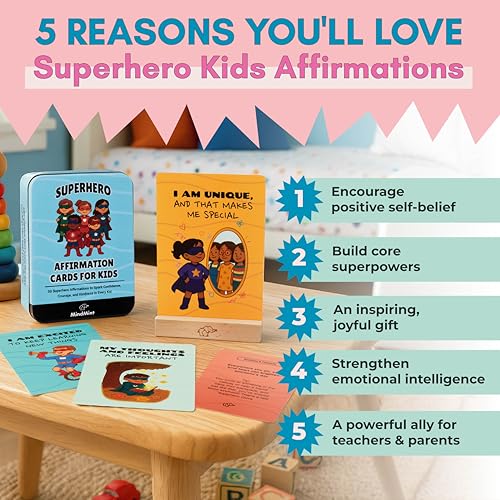 MindMint Superhero Affirmation Cards for Kids - 50 Daily Positive Cards with Stand