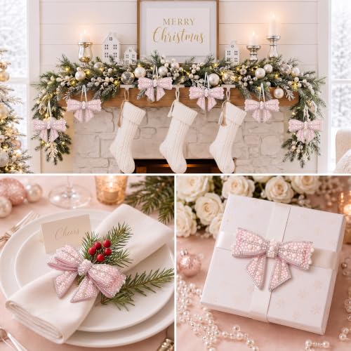 6 Pcs Pearl Bow Christmas Tree Ornaments with Hanging Ribbon - Pink