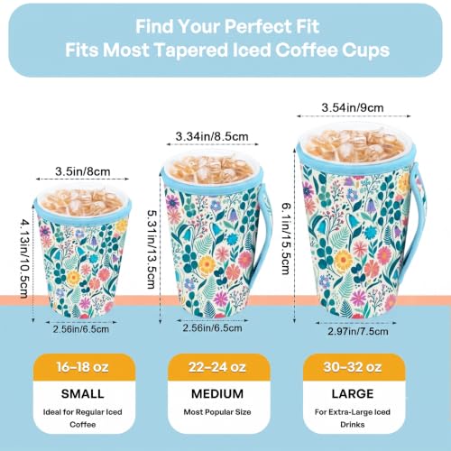 Reusable Iced Coffee Sleeves 3 Pack - Neoprene Insulated (White Flower Bush)