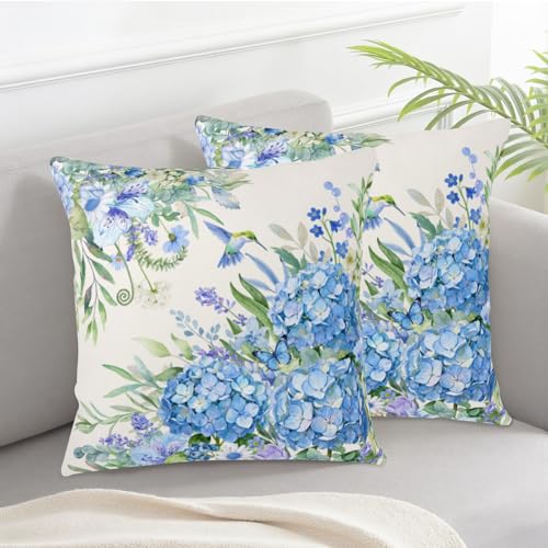 Spring Blue Hydrangea Floral Throw Pillow Covers 22x22 (Set of 2)