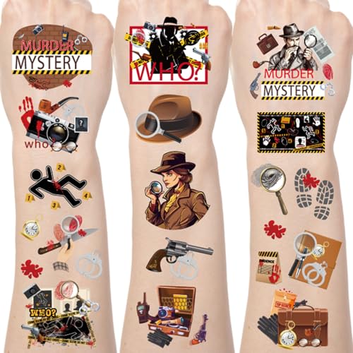 Detective Temporary Tattoos - 8 Sheets Mystery Party Favors