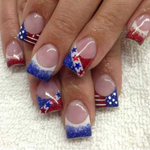 POWPOP Independence Day Short Square Press On Nails 24pcs Blue White Glitter False Acrylic Nails
