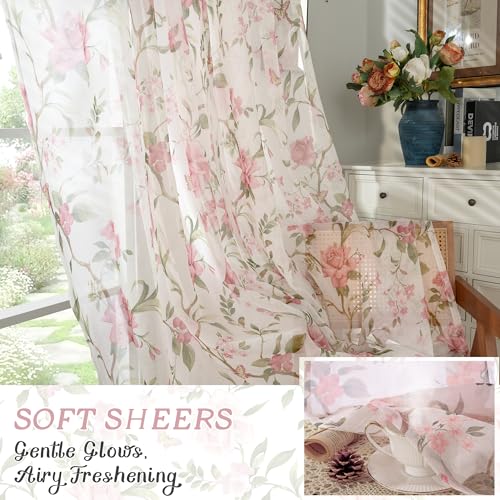 Lajode Pink Floral Semi-Sheer Cafe Curtains 30x36 Inch - 2 Panels