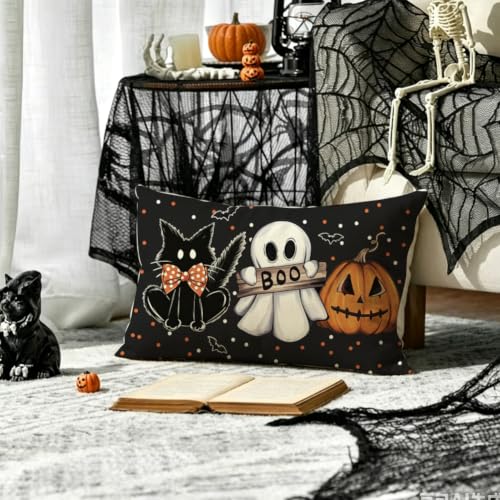 RABUSOFA Waterproof Halloween Ghost Lumbar Pillow Cover 12x20 Inch Black