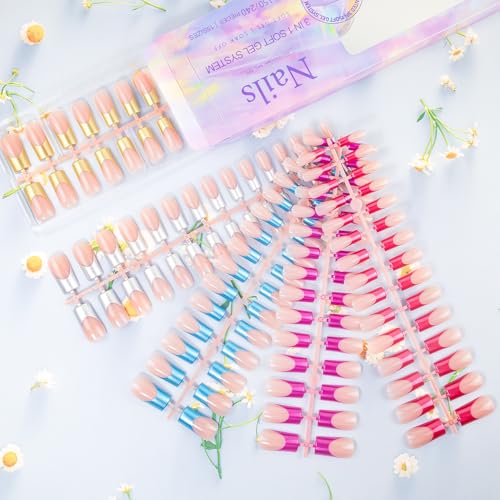 CHANGAR 150Pcs Rainbow Rectangle French Gel Nail Tips, Pre-Applied Base Coat Press On Nails