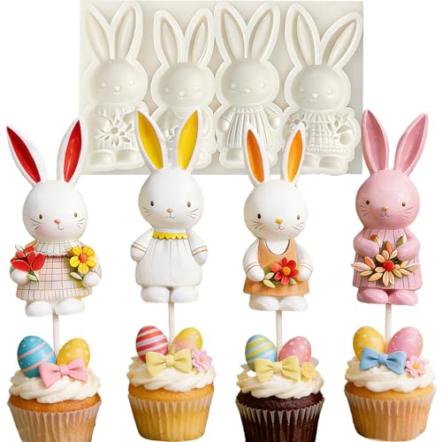 IKOJING 4-Cavity 3D Bunny Silicone Mold for Easter Baking, Chocolate, and Fondant Cake Decorating