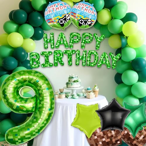 40" Green Pixel Miner Balloon Set | Video Game Party Decorations