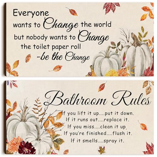 Fall Bathroom Decor - 2 Pcs Rustic Autumn Signs with Hangers
