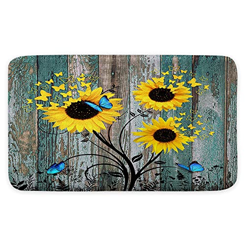 Teal Blue Sunflower Bath Rug 17x29 Inch - Waterproof Non-Slip Butterfly Design