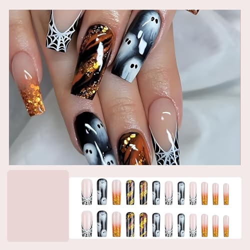 Halloween Long Coffin Press On Nails Spider Web Ghost Design 24 Pcs
