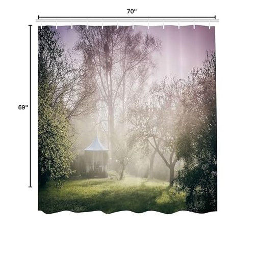 Ambesonne Landscape Shower Curtain, Pavilion in Moody Garden with Trees Misty Weather Foggy Nature Image, Cloth Fabric Bathroom Decor Set with Hooks, 69" W x 70" L, Mauve Green White