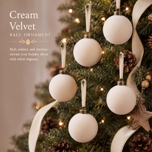 Beige Velvet Christmas Ball Ornaments 4 Inch - Set of 6 Holiday Decor