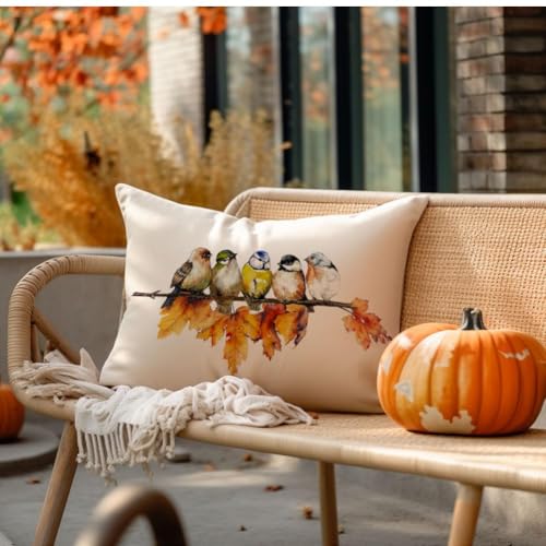 RABUSOFA Fall Bird Throw Pillow Cover, Waterproof Linen, 12x20 Inch