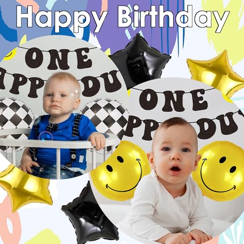 24 Pcs One Happy Dude Birthday Balloon Kit - Modern Black, Gold & Checkered Party Decorations