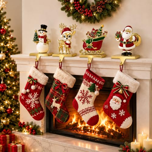 Christmas Stocking Holders for Mantle 4-Pack Weighted Metal Hooks - Mix