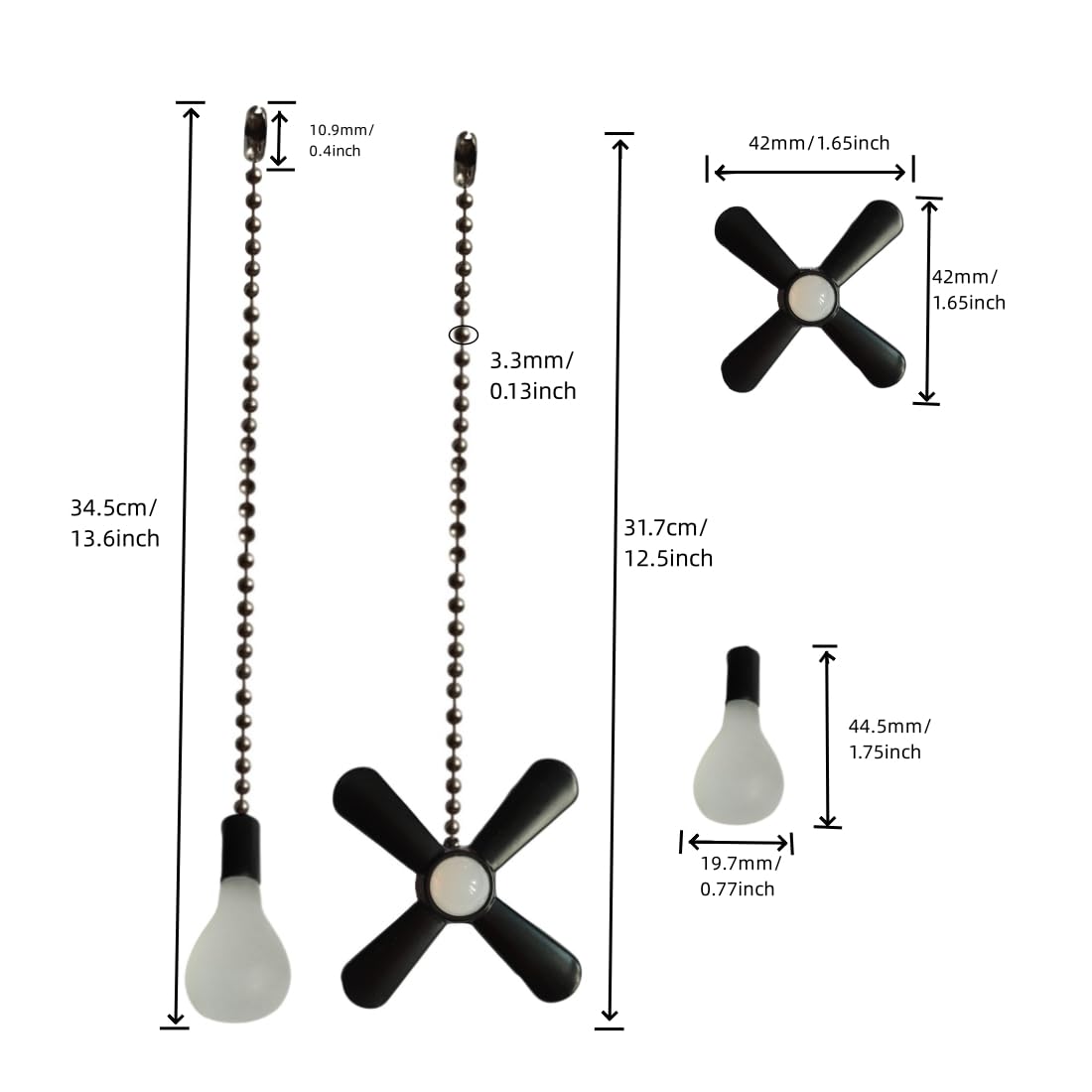 QLXHBOT Pull chain, Ceiling Fan Pull Chain Extender,3.3mm Diameter Beaded Ceiling Fan Pull Chain Decorative Light Bulb and Fan 12 Inches Fan Pull Chain Set Black, 4Pcs