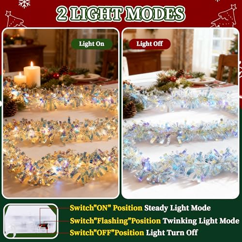 Lighted Christmas Tinsel Garland 2 Pack - Iridescent Metallic Foil Streamers with Lights