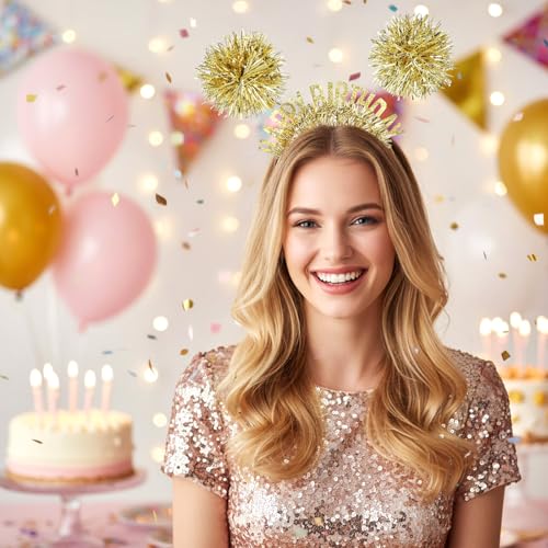 Happy Birthday Headband Pom Pom Tiara Crown for Girls and Women