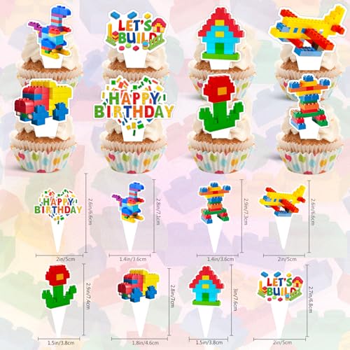Building Block Cupcake Toppers - 24-Piece Brick Themed Party Decorations