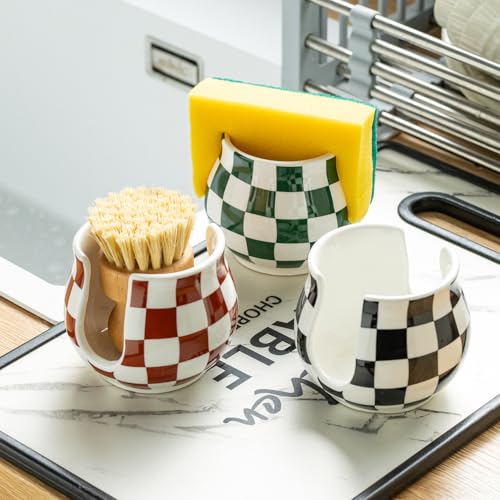 Zoeeker Ceramic Sponge Holder, Checkered Barrel-Style Sink Caddy (Brown & White)