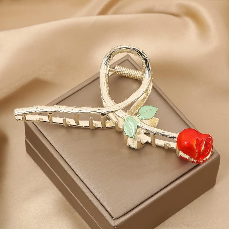 Red Metal Rose Hair Claw Clip Large Non-Slip Shark Barrette