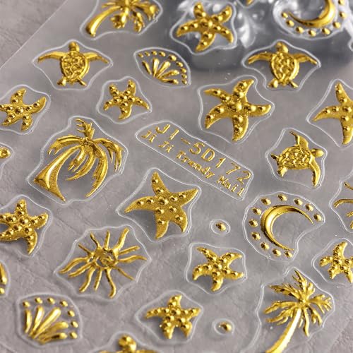 5D Embossed Ocean Nail Art Stickers Rose Gold Beach Sea Life Decals 2 Sheets