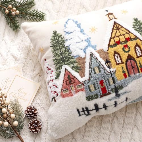 White 20x12 Inch Christmas Village Pillow Cover Snowy Town Scene Embroidered